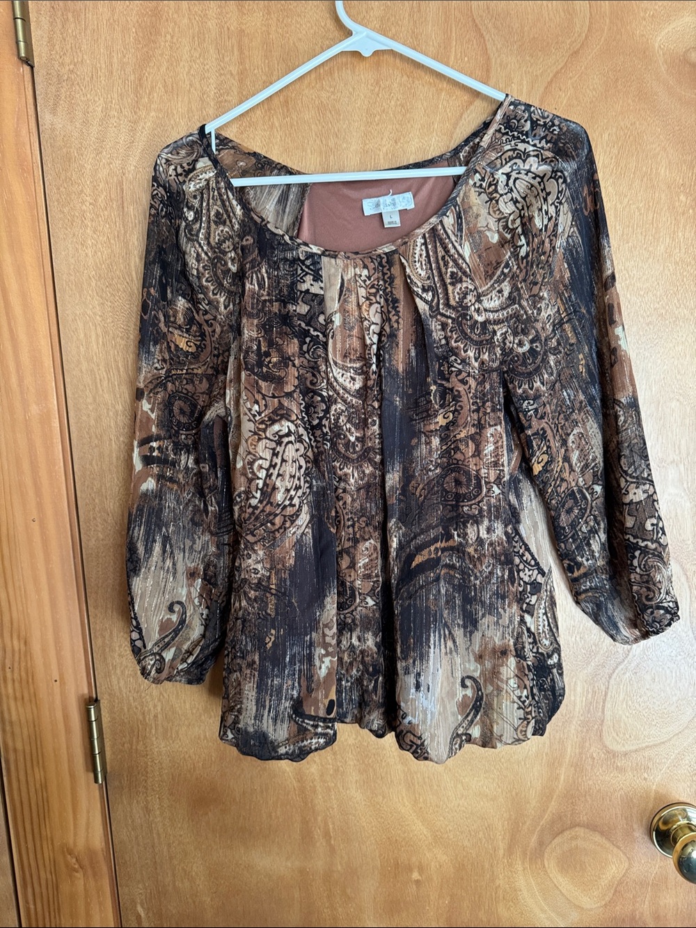 dressbarn Brown Paisley-Print Peasant Blouse